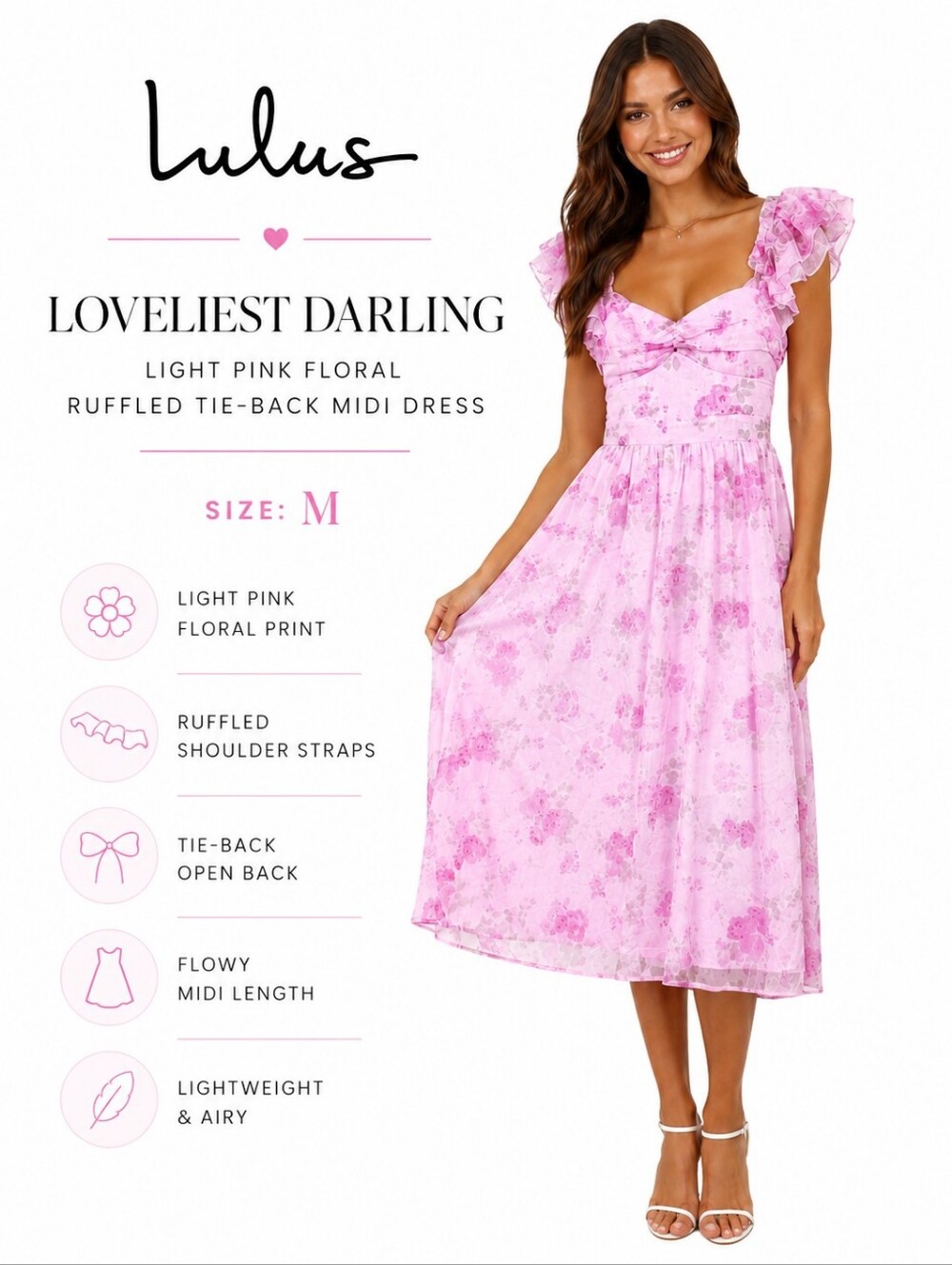 Lulus Loveliest Darling Light Pink Floral Ruffled Tie-Back Midi Dress – Size M